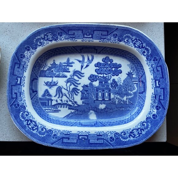 Antique Ridgway Staffordshire Blue & White Willow Pattern Serving Platter 11.5" - Picture 1 of 10
